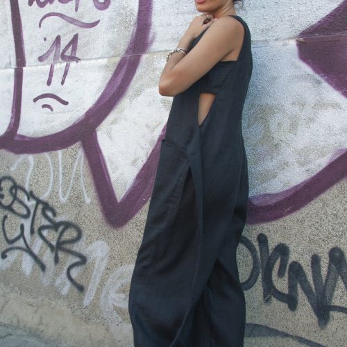 Beige Linen Jumpsuit: Sleeveless Wide Leg Overalls Plus