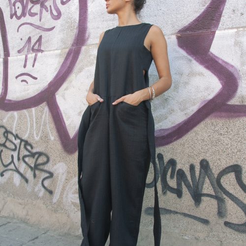 Beige Linen Jumpsuit: Sleeveless Wide Leg Overalls Plus