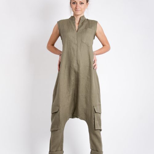 Khaki Linen Jumpsuit: Sleeveless Drop Crotch Overalls