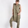 Khaki Linen Jumpsuit: Sleeveless Drop Crotch Overalls