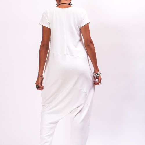White Cotton Drop Crotch Jumpsuit: Avant Garde Oversized