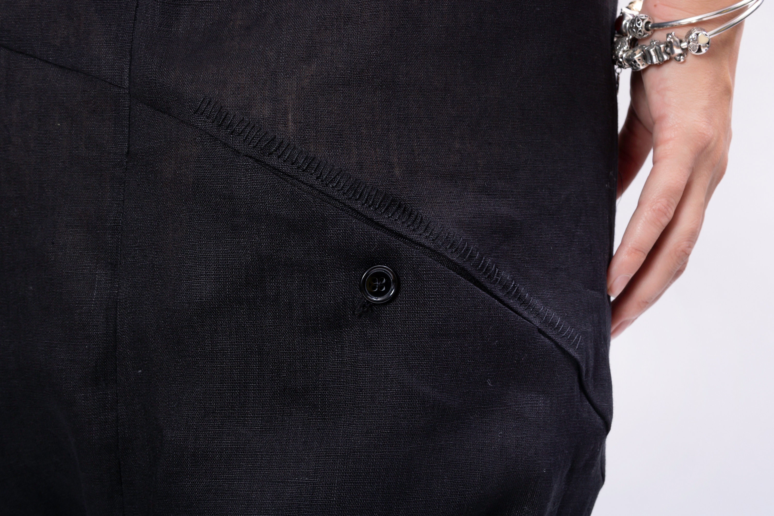 Black Linen Jumpsuit: Sleeveless Drop Crotch Overalls