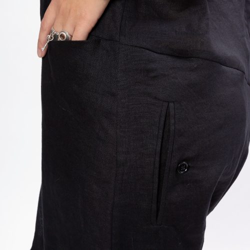 Black Linen Jumpsuit: Sleeveless Drop Crotch Overalls