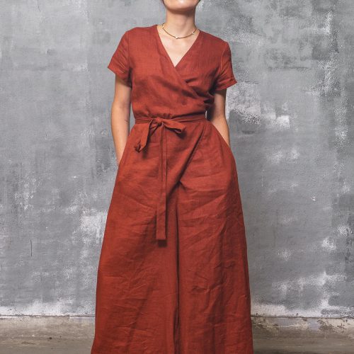 Brick Red Linen Jumpsuit Wrap Front Wide Leg