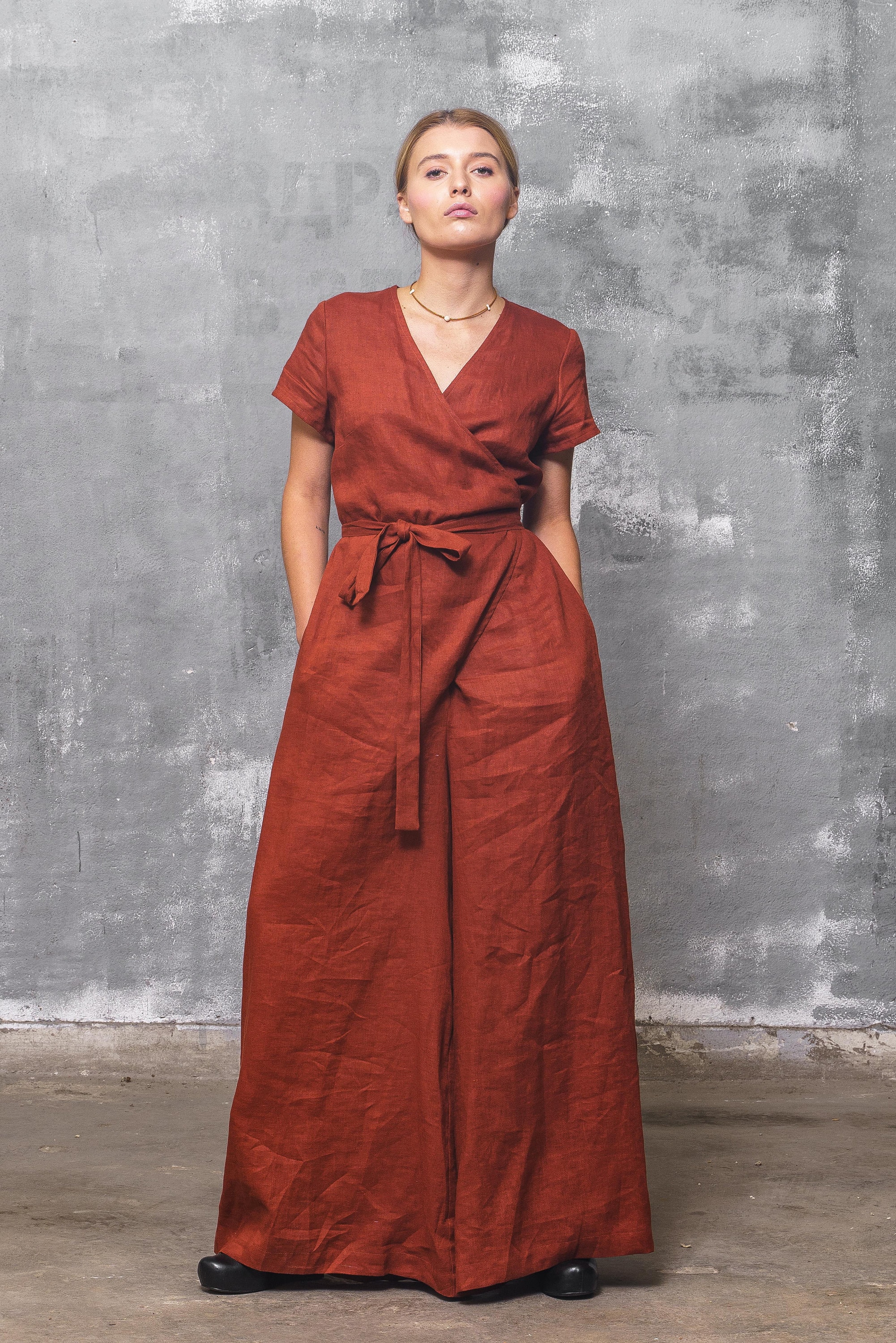 Brick Red Linen Jumpsuit Wrap Front Wide Leg