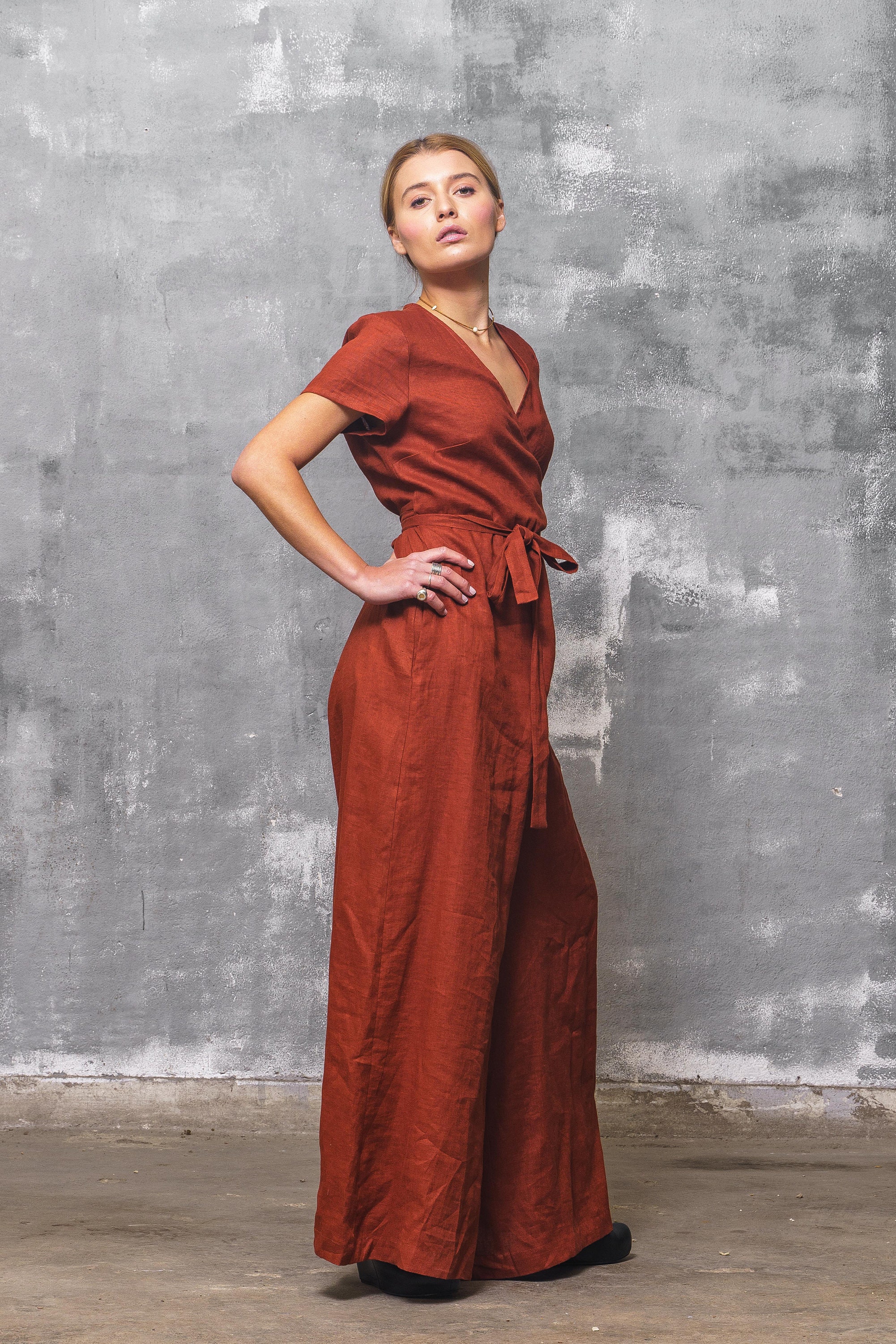 Brick Red Linen Jumpsuit Wrap Front Wide Leg