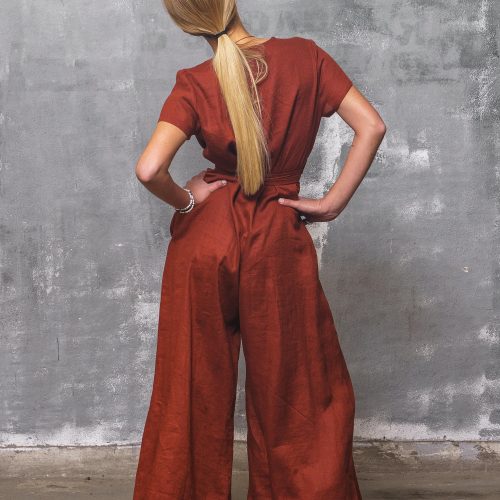 Brick Red Linen Jumpsuit: Wide Leg Wrap Overalls