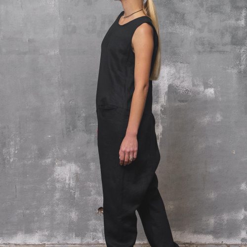 Black Linen Jumpsuit: Sleeveless Drop Crotch Overalls