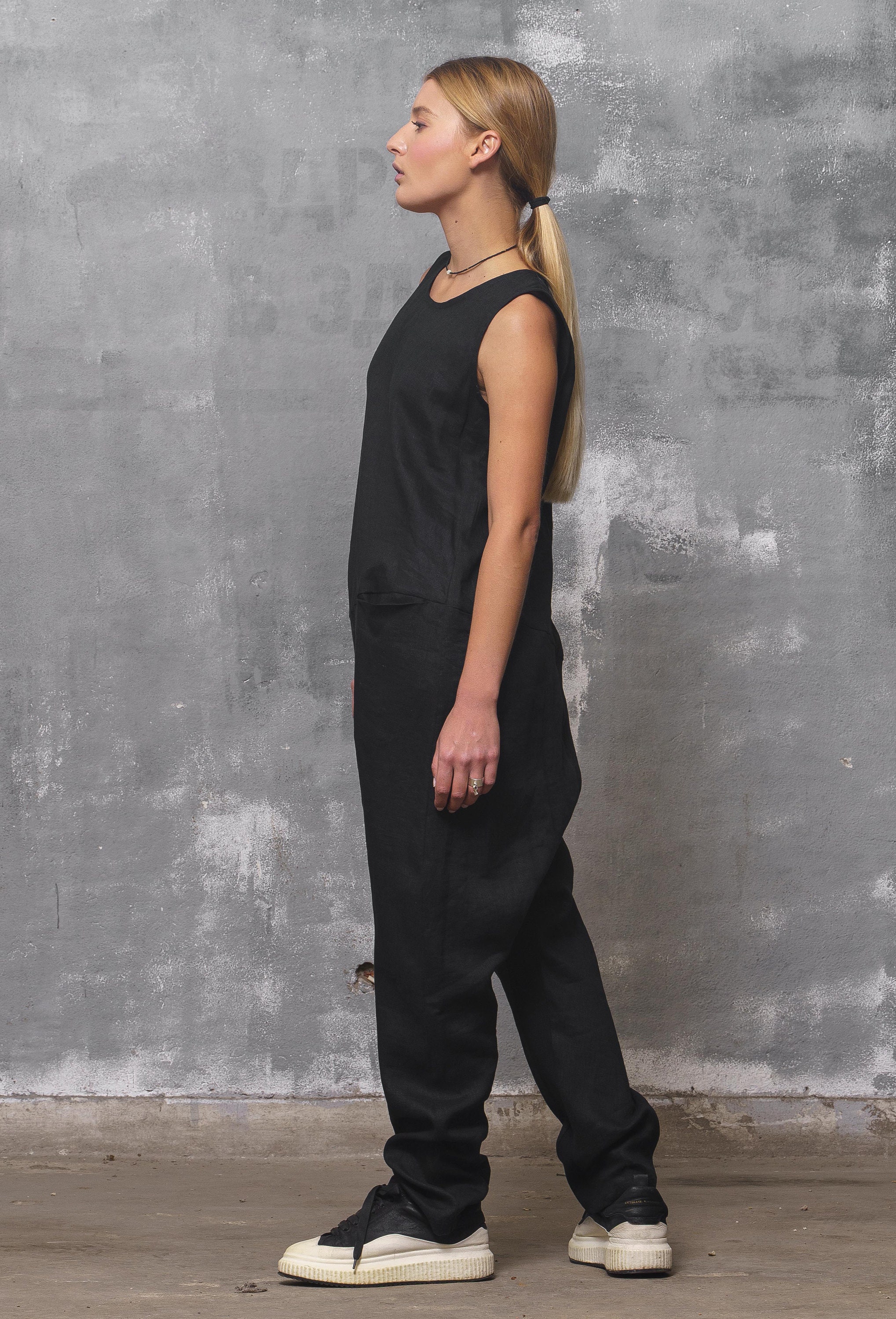 Black Linen Jumpsuit: Sleeveless Drop Crotch Overalls
