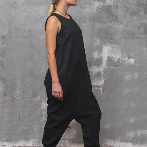 Black Linen Jumpsuit: Sleeveless Drop Crotch Overalls