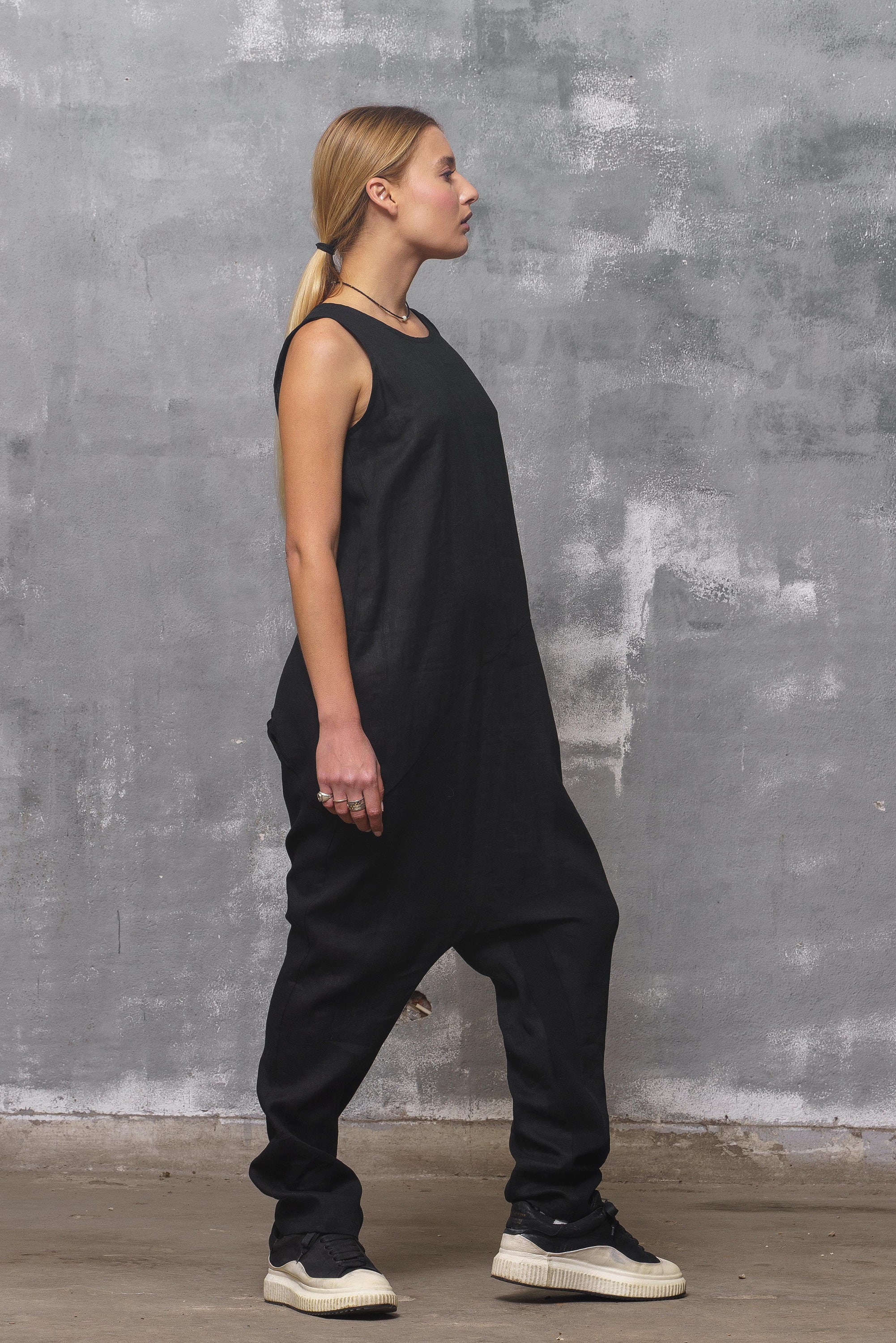 Black Linen Jumpsuit: Sleeveless Drop Crotch Overalls