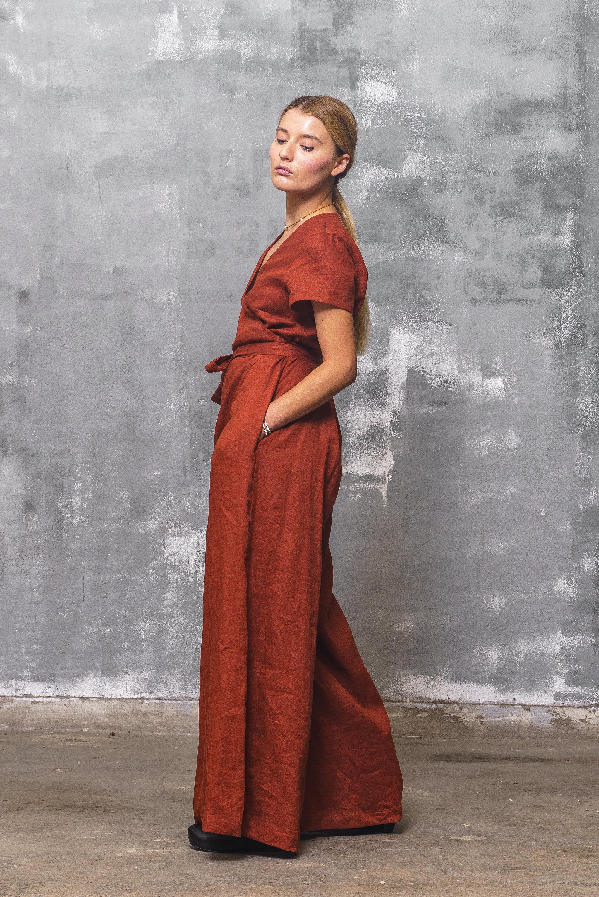 Brick Red Linen Jumpsuit Wrap Front Wide Leg