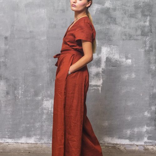 Brick Red Linen Jumpsuit: Wide Leg Wrap Overalls