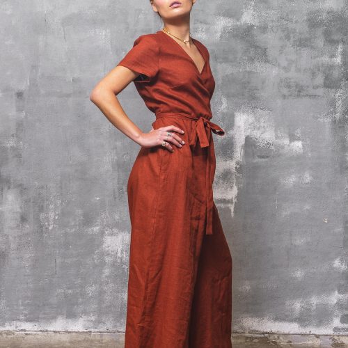 Brick Red Linen Jumpsuit Wrap Front Wide Leg