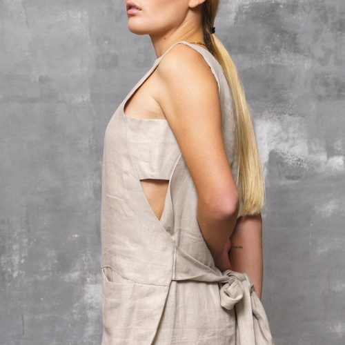 Beige Linen Jumpsuit: Sleeveless Wide Leg Overalls Plus