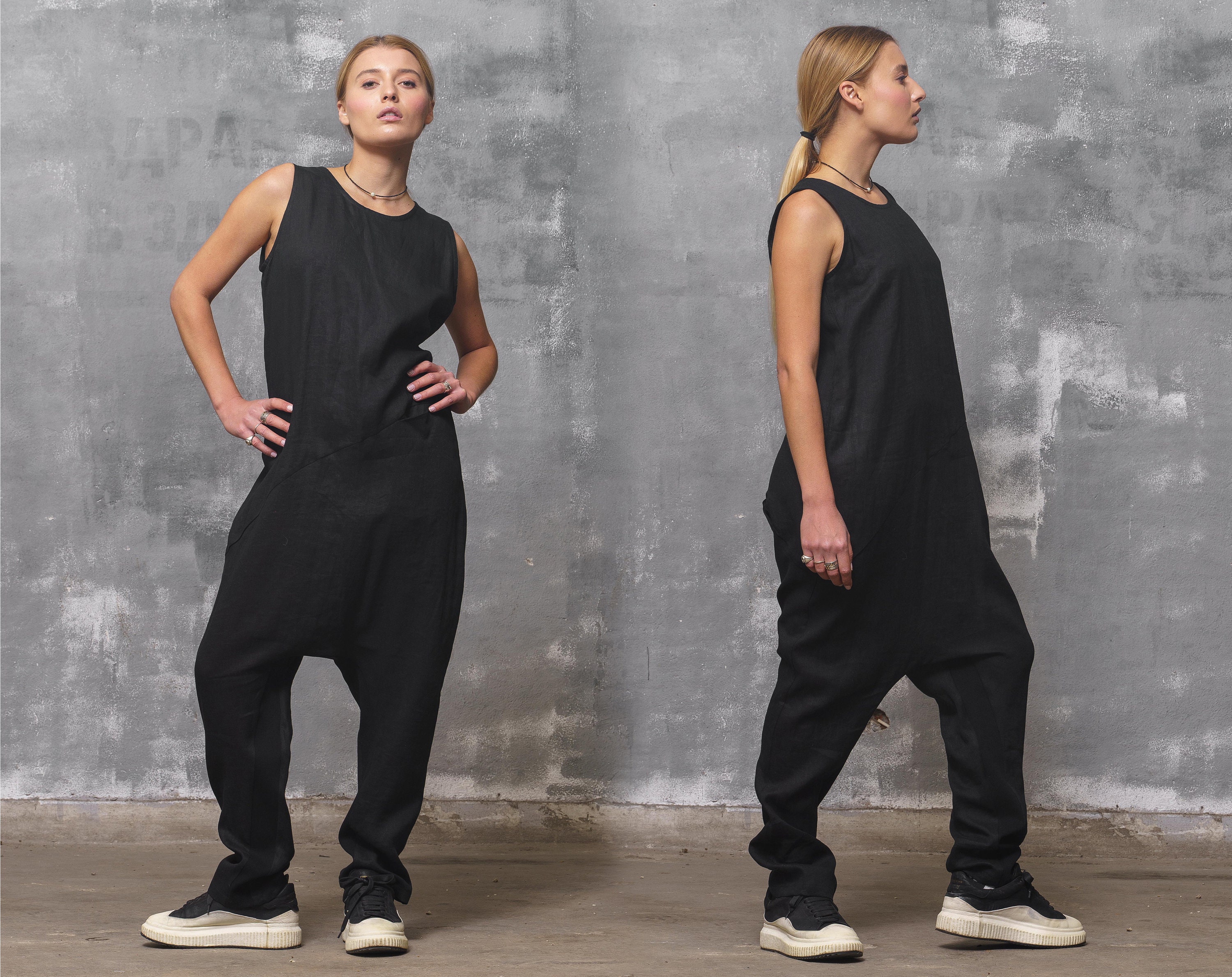 Black Linen Jumpsuit: Sleeveless Drop Crotch Overalls