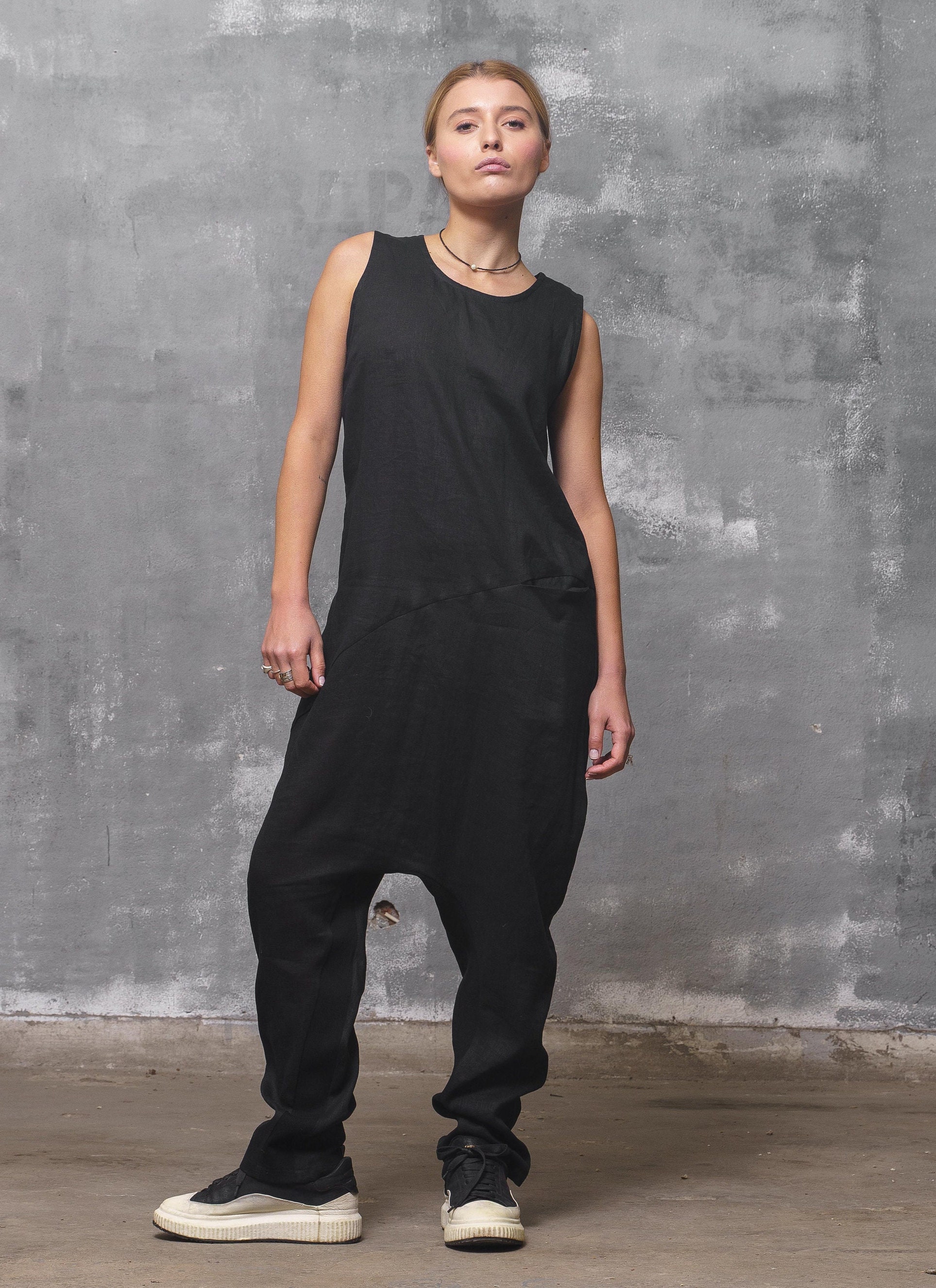 Black Linen Jumpsuit: Sleeveless Drop Crotch Overalls
