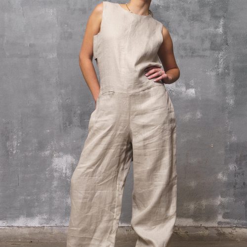 Black Linen Jumpsuit: Sleeveless Wide Leg Overalls Sustainable