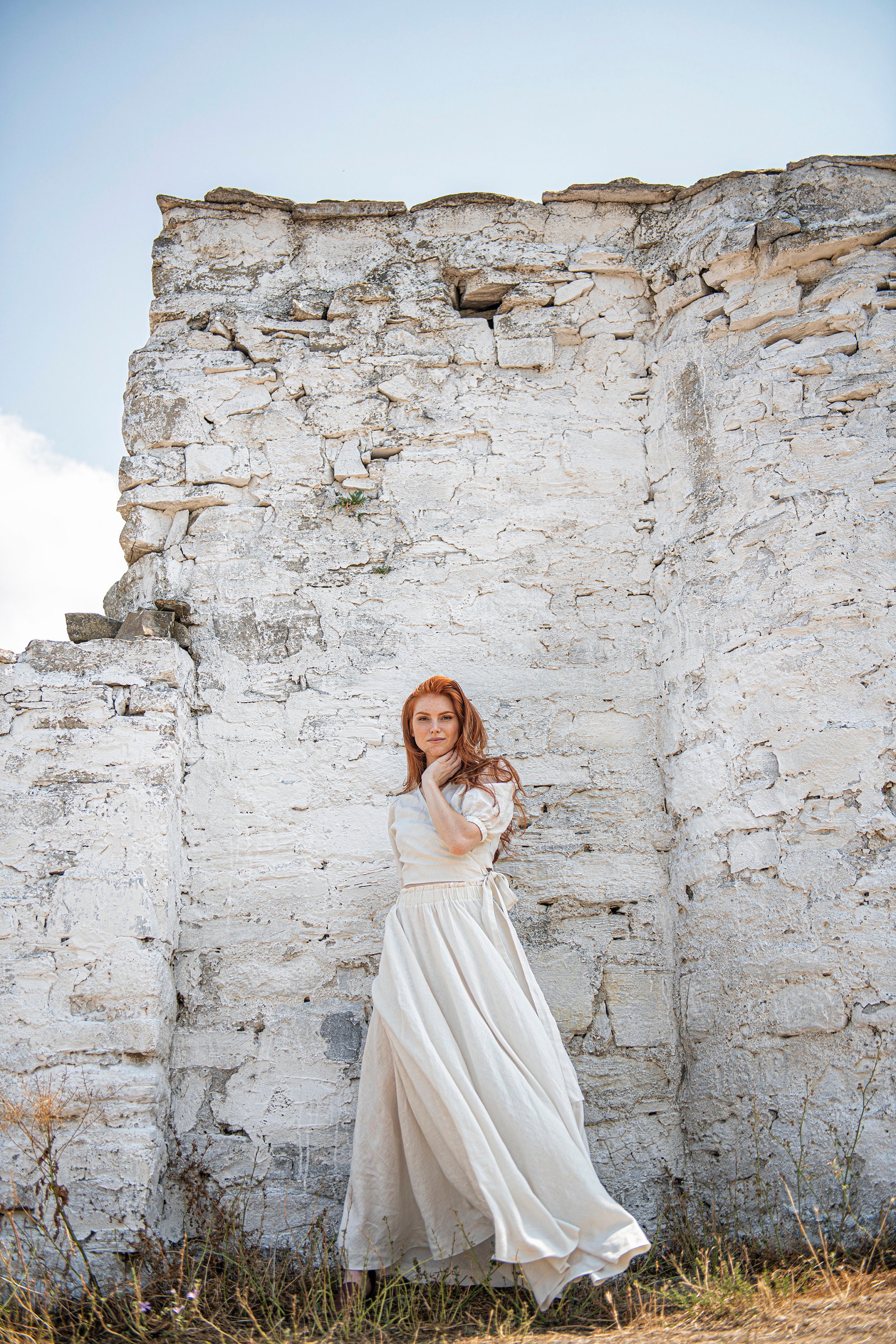 Linen Maxi Skirt Elastic Waist Boho Pocket