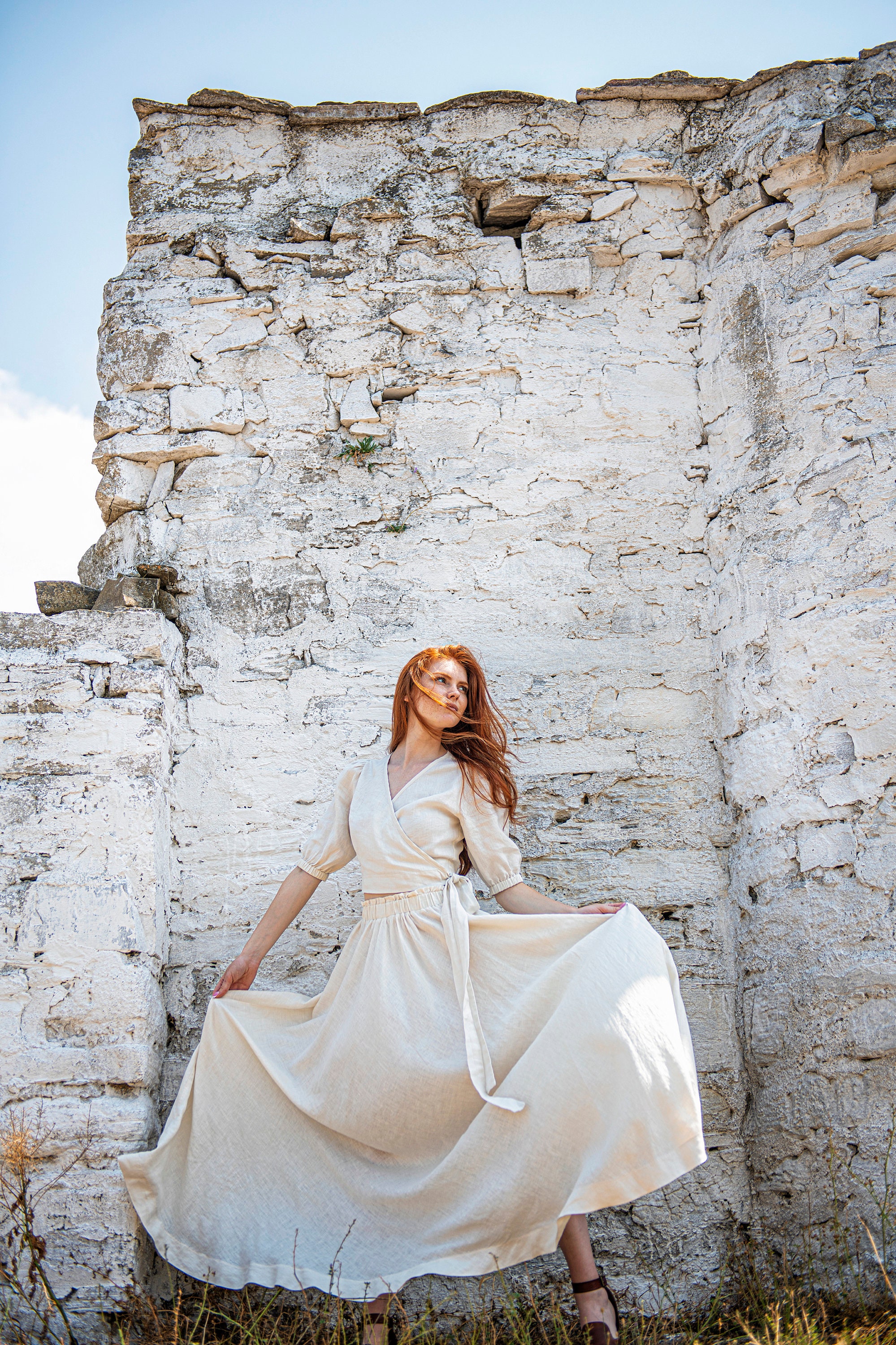 Linen Maxi Skirt Elastic Waist Boho Pocket