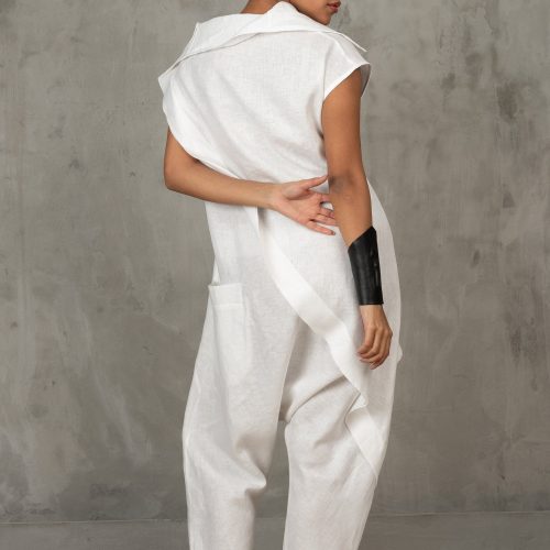 White Linen Jumpsuit: Avant Garde Drop Crotch Overalls