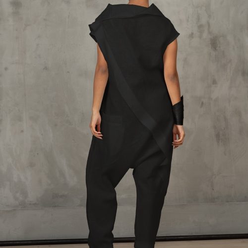 White Linen Jumpsuit: Avant Garde Drop Crotch Overalls