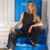 Black Linen Jumpsuit: Sleeveless Wide Leg Overalls Sustainable