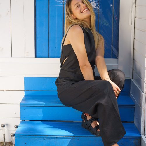 Black Linen Jumpsuit: Sleeveless Wide Leg Overalls Sustainable
