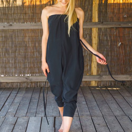 Black Harem Jumpsuit: Plus Size Strapless Modal Romper