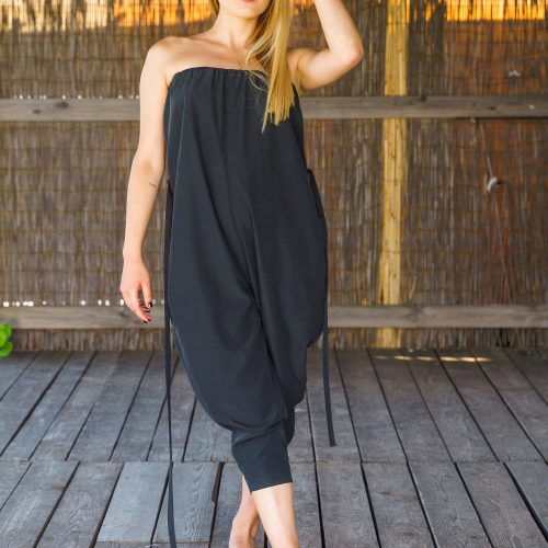Black Harem Jumpsuit: Plus Size Strapless Modal Romper