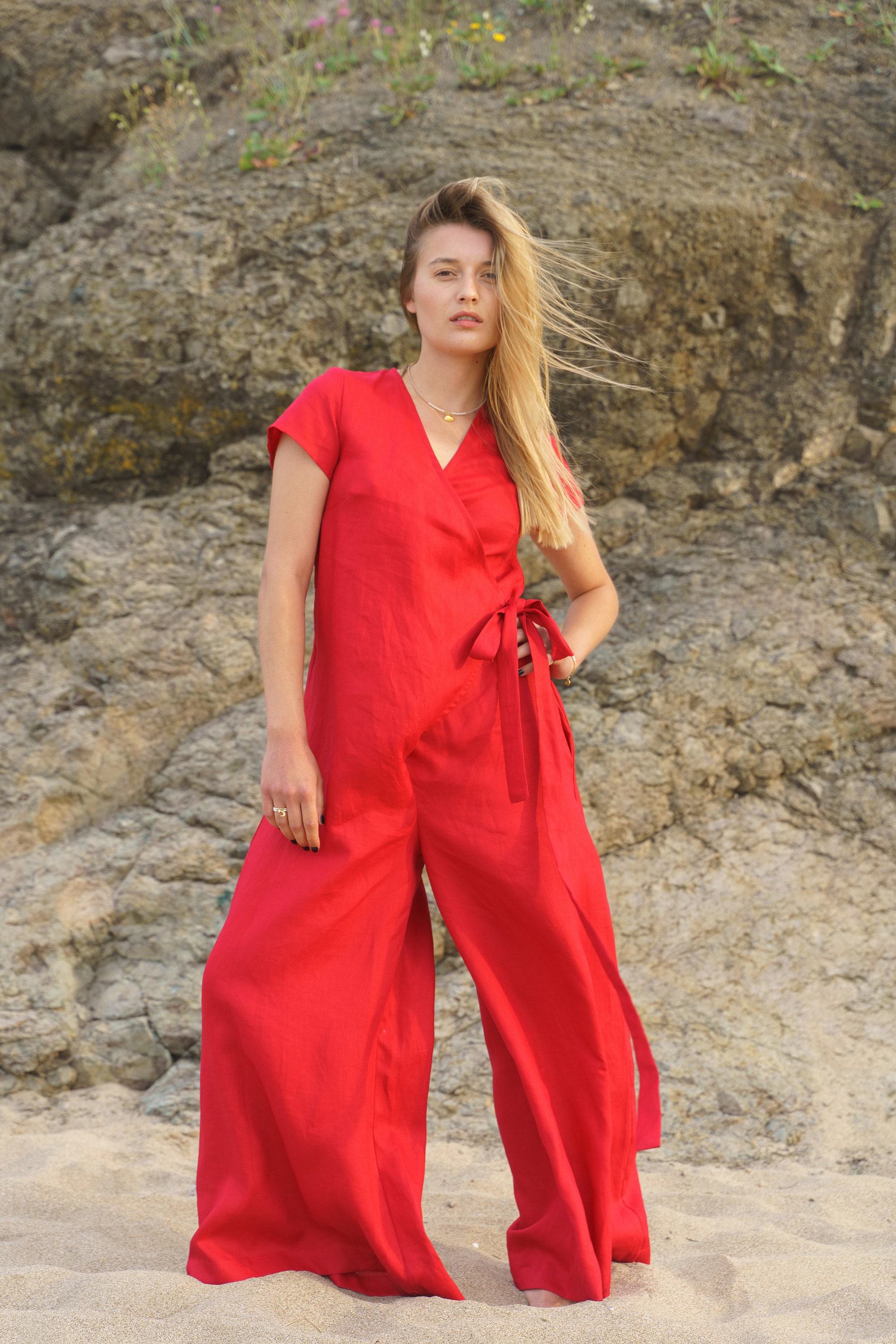 Brick Red Linen Jumpsuit Wrap Front Wide Leg