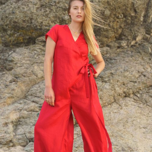Brick Red Linen Jumpsuit: Wide Leg Wrap Overalls
