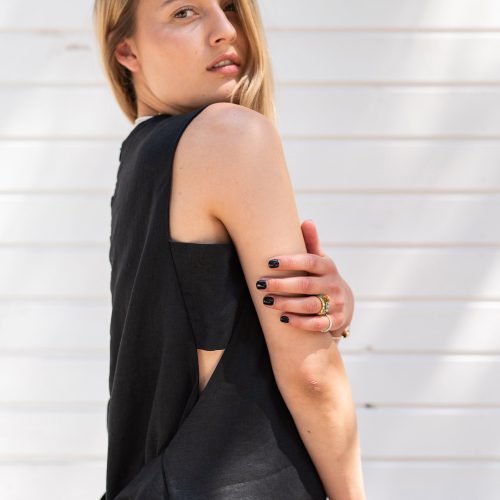 Black Linen Jumpsuit: Sleeveless Wide Leg Overalls Sustainable