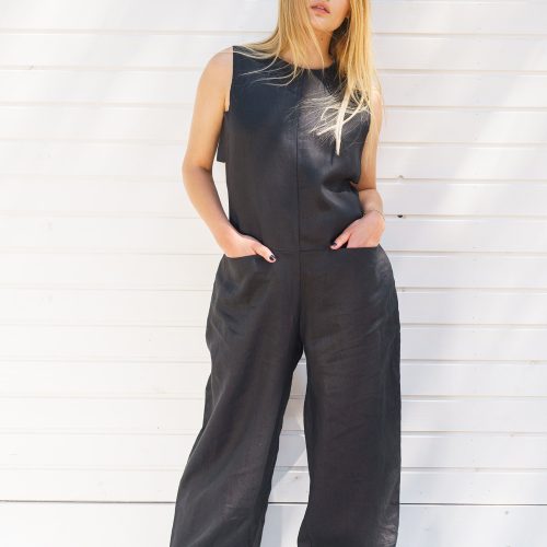 Black Linen Jumpsuit: Sleeveless Wide Leg Overalls Sustainable