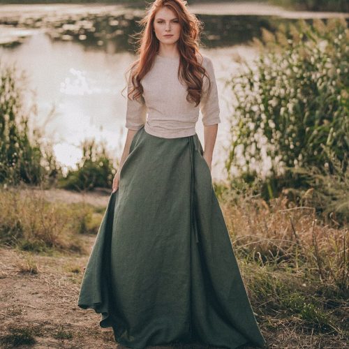 Heavy Weight Linen Skirt Wrap Green Maxi Long