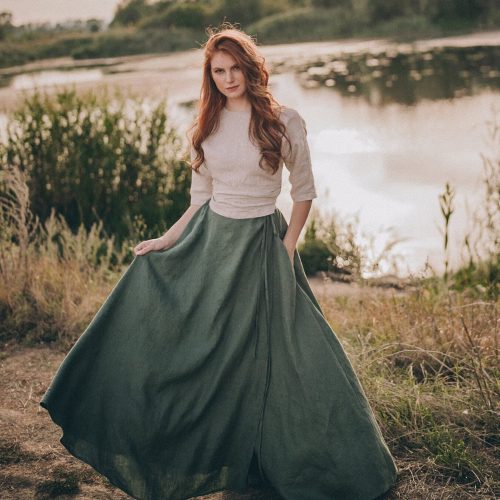 Heavy Weight Linen Skirt Wrap Green Maxi Long