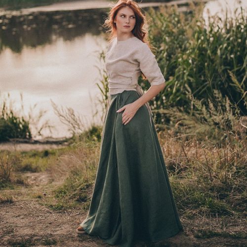 Heavy Weight Linen Skirt Wrap Green Maxi Long