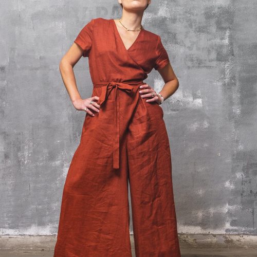 Brick Red Linen Jumpsuit Wrap Front Wide Leg
