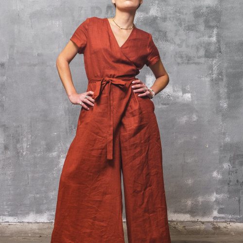 Brick Red Linen Jumpsuit: Wide Leg Wrap Overalls