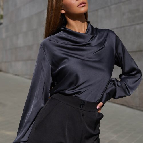 Silk Cowl Neck Blouse Long Sleeves Office Satin