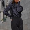 Silk Cowl Neck Blouse Long Sleeves Office Satin