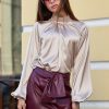 Puff Sleeves Blouse Silk Long High Collared Beige