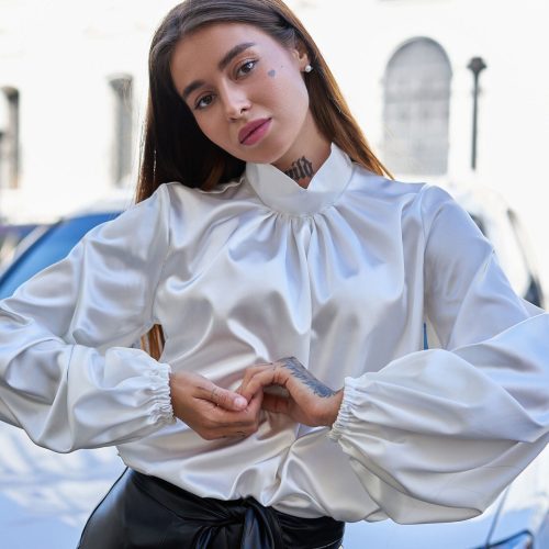 Silk Blouse White Office Puff Sleeves Elegant Cocktail