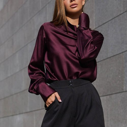 Silk Cowl Neck Blouse Long Sleeves Office Satin