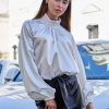 Silk Blouse White Office Puff Sleeves Elegant Cocktail