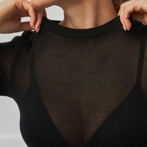 Sheer Fitted Top Long Sleeves Crew Neck Sleeve
