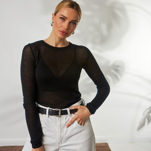 Sheer Fitted Top Long Sleeves Sleeve Tee Casual