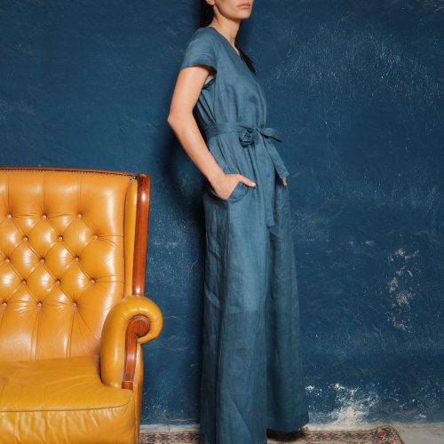 Wide Leg Linen Jumpsuit: Wrap Palazzo Overalls With