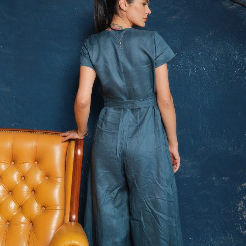 Wide Leg Linen Jumpsuit: Wrap Palazzo Overalls With