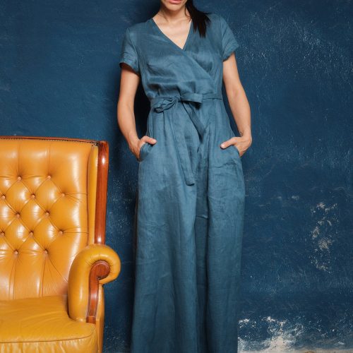 Wide Leg Linen Jumpsuit: Wrap Palazzo Overalls With